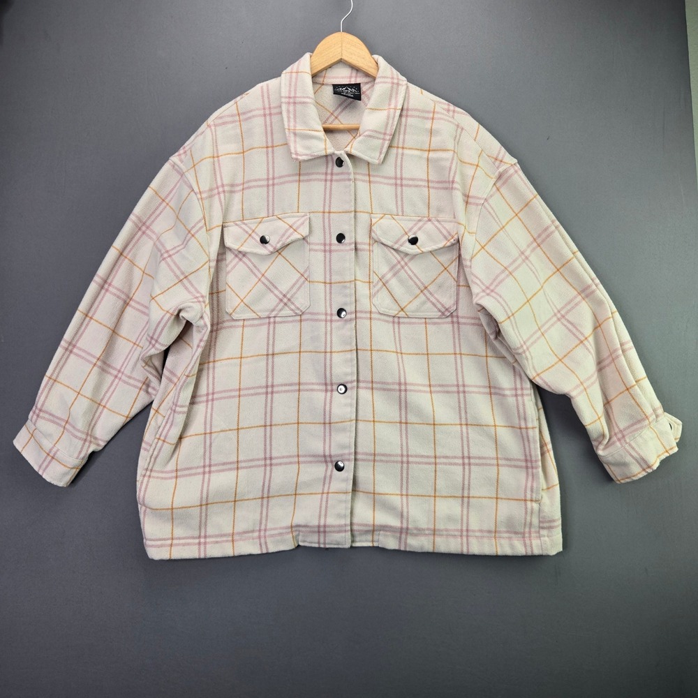 HFX Fleece Shacket Plaid Button Up Shirt Jacket XL Cream Pink Orange Cozy Pocket